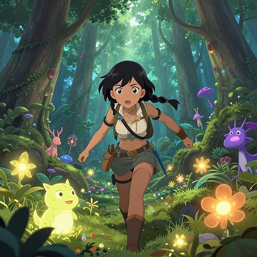 Anime-style illustration of a surprised, dark-haired girl in a forest, wearing a white crop top and green skirt, surrounded by glowing fireflies, mushrooms