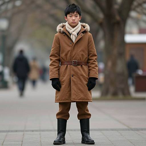 Photograph of a young boy with short black hair, wearing a brown winter coat with fur collar, black gloves, and boots, standing in a blurred