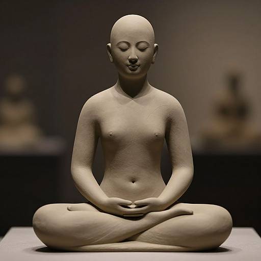 Photograph of a smooth, bald, nude, stone sculpture of a meditating person with crossed legs and closed eyes, set against a dark, blurred