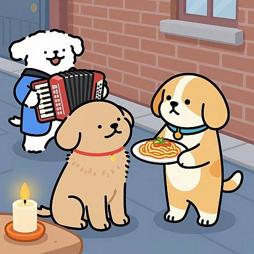 Three Dogs Enjoying Spaghetti in Alley