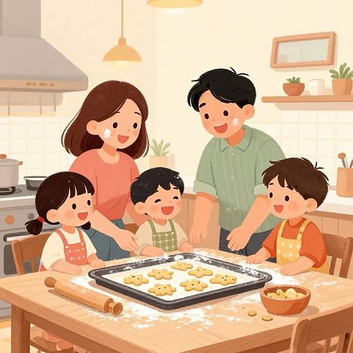 Colorful digital illustration of a happy family baking cookies in a bright kitchen. Five smiling children and parents gather around a wooden table with a baking tray and
