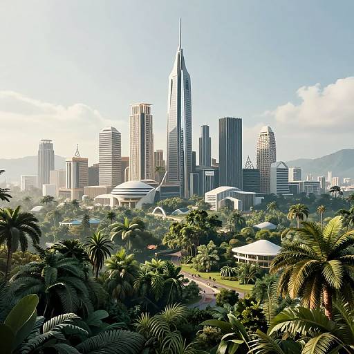 Photorealistic CGI of a lush, tropical cityscape with towering skyscrapers, including a prominent, slender, needle-like building, surrounded by verd