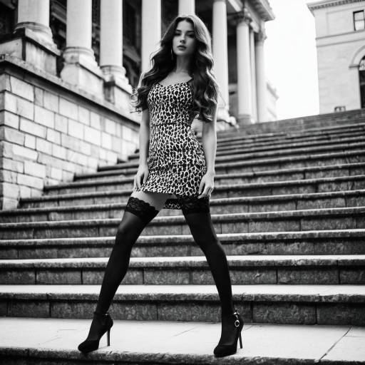 Fashion Model in Animal Print Dress on Urban Steps