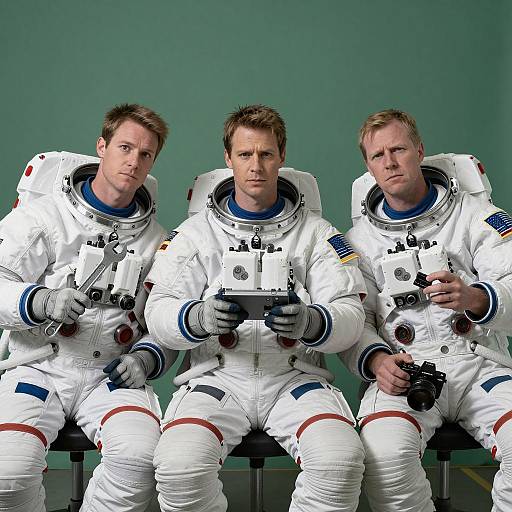 Astronaut Trio with Tools Under Green Light