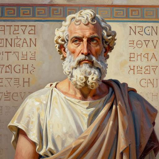 Digital painting of an elderly, white-bearded Greek philosopher with curly hair, wearing a white toga, standing before an ancient inscription-filled wall.