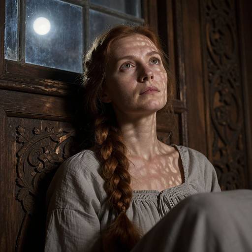 Photograph of a red-haired woman with fair skin, wearing a gray, long-sleeved dress, seated against ornate wooden paneling, g