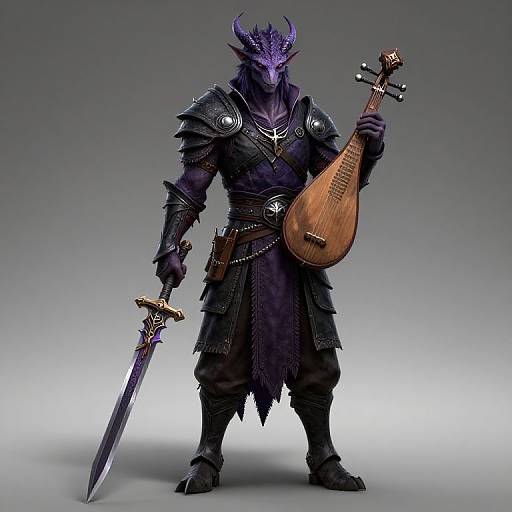 Digital fantasy artwork of a purple-skinned, horned, armored warrior holding a sword in one hand and a lute in the other.