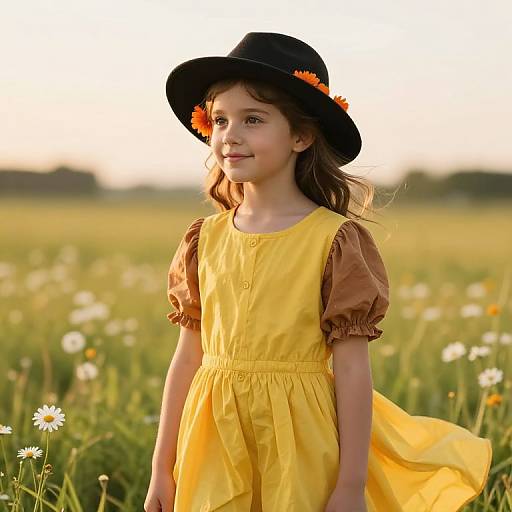 Photograph of a young girl with brown hair, wearing a yellow dress, brown puffed sleeves, black hat with orange daisies, standing in