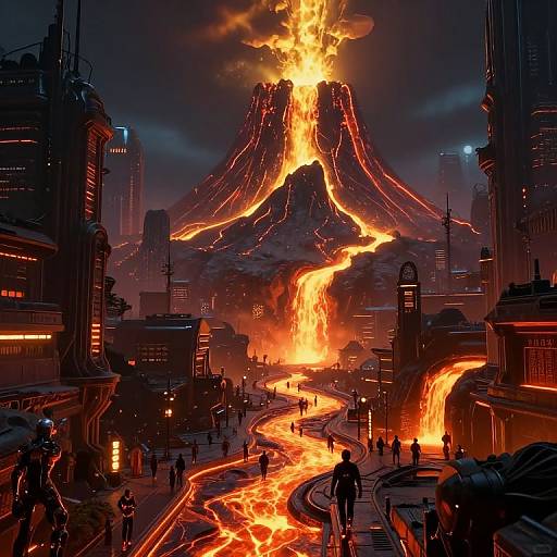 Digital artwork: A volcanic eruption engulfs a futuristic cityscape with glowing rivers of lava, silhouetted people, and towering buildings. Bright