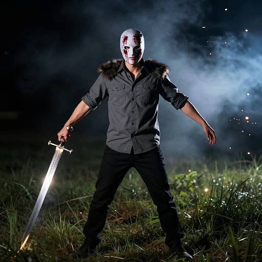 Mysterious Warrior in Nighttime Field