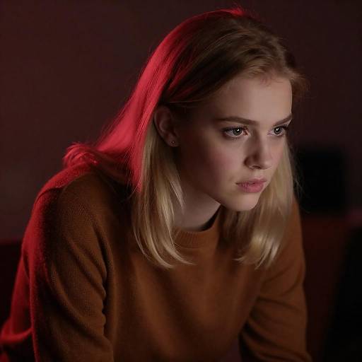 Young Woman in Brown Sweater with Red Lighting