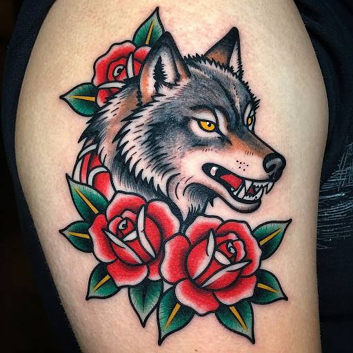 Tattoo of a fierce, snarling grey wolf with yellow eyes, surrounded by vibrant red roses and green leaves on pale skin.
