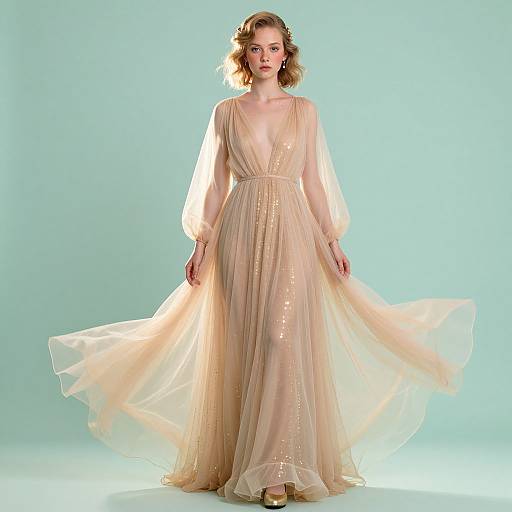 Photograph of a fair-skinned woman with wavy blonde hair, wearing a sheer, champagne-colored, long-sleeved, deep V-neck gown