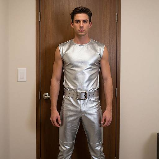 Photograph of a young, muscular man with short dark hair, wearing a shiny silver sleeveless top and pants with a wide silver belt, standing against