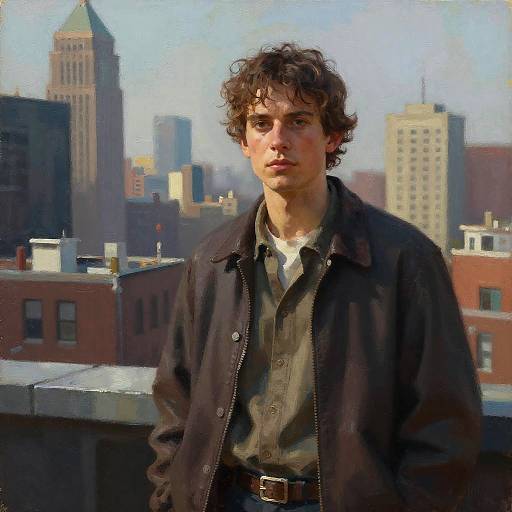 Digital painting of a curly-haired, fair-skinned man in a dark jacket, standing on a rooftop with a city skyline background.