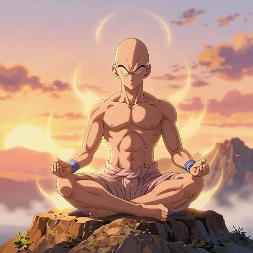 Digital illustration of a bald, muscular, shirtless man in a lotus position on a rocky cliff, with a sunset sky and glowing halo, wearing