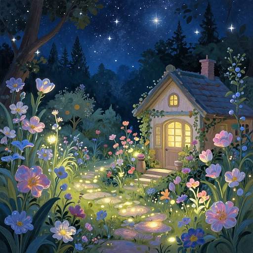 Whimsical digital painting of a glowing, fairy-tale cottage at night, surrounded by vibrant flowers, twinkling lights, and a starry sky