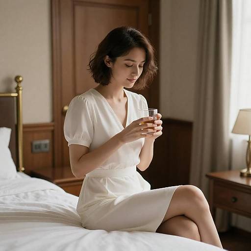 Woman in White Dress by Bed