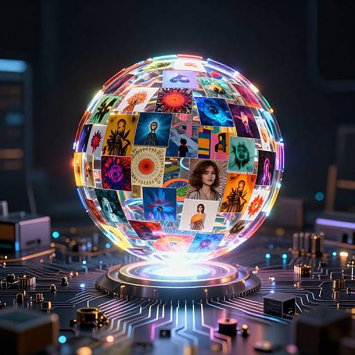 Photorealistic CGI of a glowing, colorful, mosaic sphere featuring various portraits and images, floating on a neon-lit circuit board.