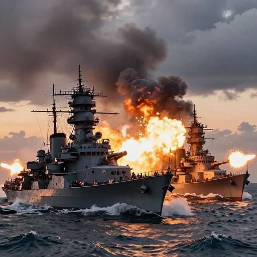 Photograph of two naval warships on fire, with thick black smoke and bright orange flames against a dramatic, cloudy sunset sky. Ships cut through dark