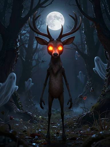 Digital artwork of a dark, eerie forest at night. A menacing, glowing-eyed, antlered deer stands center, with ghostly figures in the