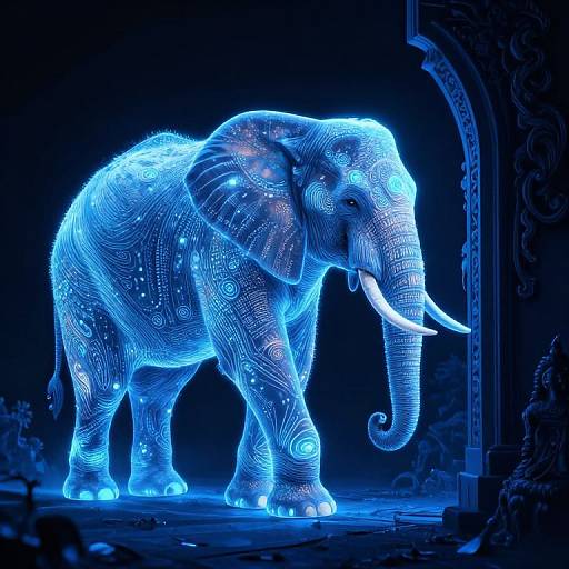 Neon blue illuminated elephant with intricate white patterns, standing in an ornate archway, glowing against a dark background. Digital artwork.