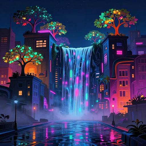 Surreal Neon Urban Waterfall Cityscape