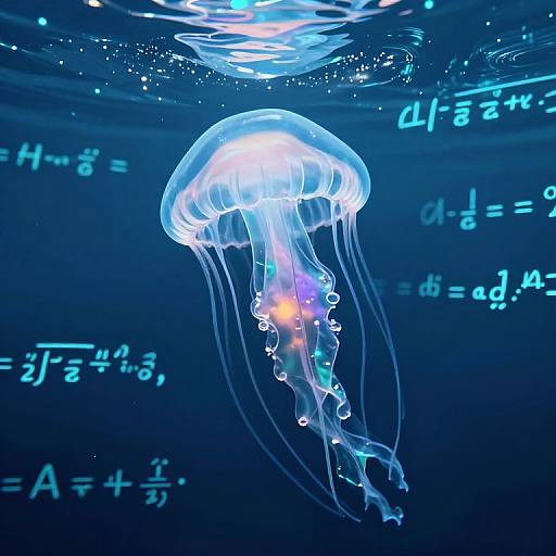Digital illustration of a glowing, translucent jellyfish with blue and white bioluminescent lights, surrounded by floating mathematical equations on a dark blue underwater background