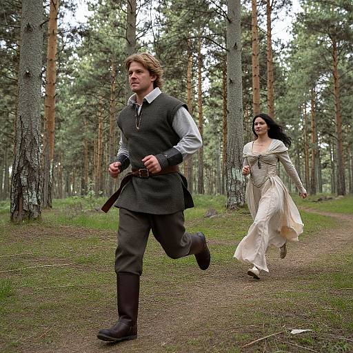 Photograph of a medieval forest scene: a man with brown hair in dark clothing and brown boots runs ahead, followed by a woman in a flowing white