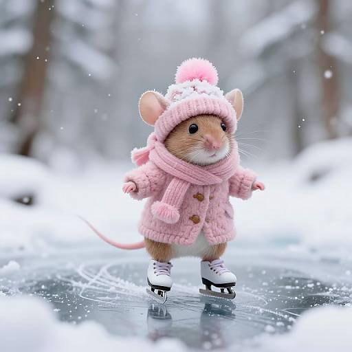 Photograph of a cute mouse in a pink knitted winter outfit, including a hat with a pom-pom, scarf, and ice skates,