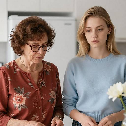 Two Women in Kitchen with White Flower