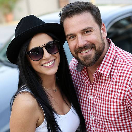 Photograph of a smiling couple; woman with long black hair, black hat, sunglasses, white tank top; man with short brown hair, beard,