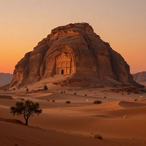 Photograph of a massive, sunlit sandstone rock formation with a large, rectangular cave entrance at its base, surrounded by a desert with sparse trees