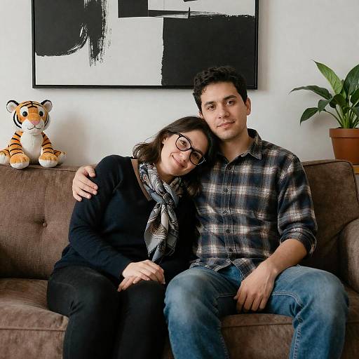 Couple Sitting on Couch with Tiger Plush