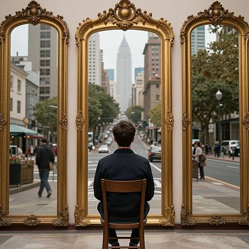 Photograph of a man in a black jacket, sitting on a chair, facing three ornate gold-framed windows, reflecting a bustling city street.