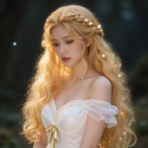 Digital artwork of a blonde, fair-skinned woman with long, wavy hair, braided crown, wearing a white, off-shoulder,