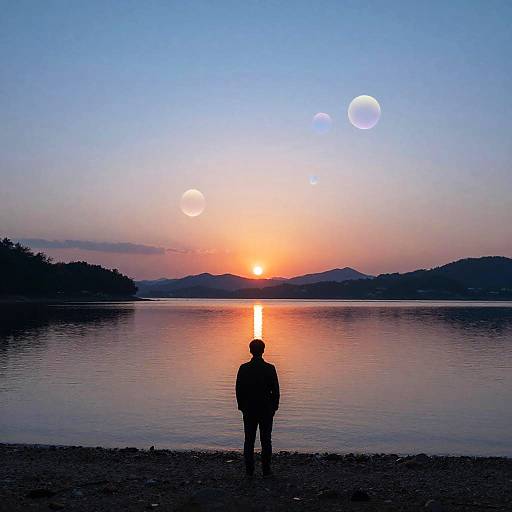 Silhouetted person stands on rocky shore, watching sun set over calm lake with glowing orbs in twilight sky. Photographic image.