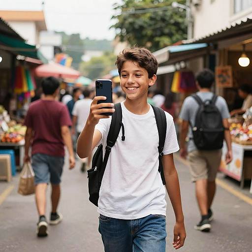 Photograph of a smiling young boy with dark hair, wearing a white t-shirt, blue jeans, and black backpack, taking a selfie in a bustling