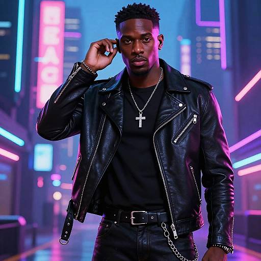 Photorealistic digital artwork of a confident Black man in a black leather jacket, black shirt, and cross necklace, standing in a neon-lit urban