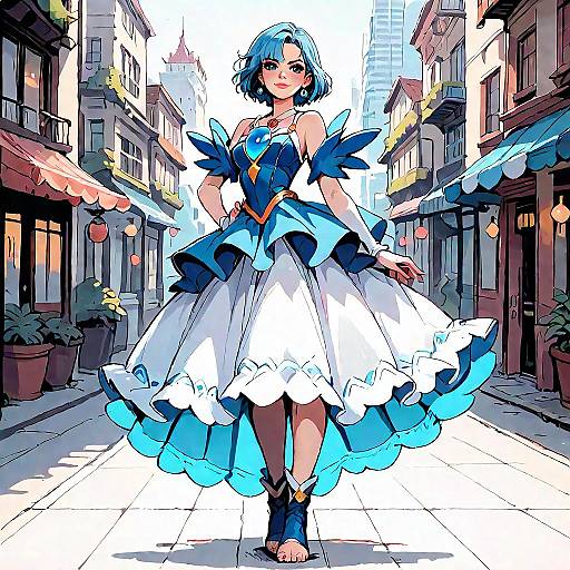 Digital anime-style illustration of a blue-haired woman in a white and blue dress with feather-like sleeves, standing confidently in a sunlit, narrow urban alley