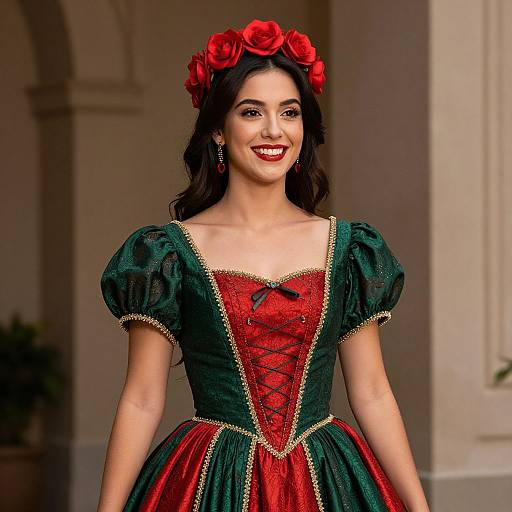 Photograph of a smiling woman with long dark hair, wearing a red and green corset dress, adorned with red roses in her hair, standing in