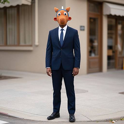 Photograph of a Black man in a black suit, white shirt, and tie, wearing a cartoonish orange and white fish mask, standing on a