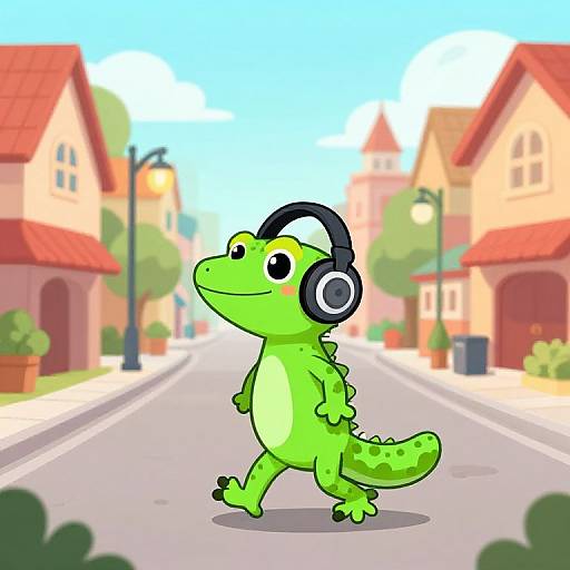 Cartoon Gecko Walking with Headphones