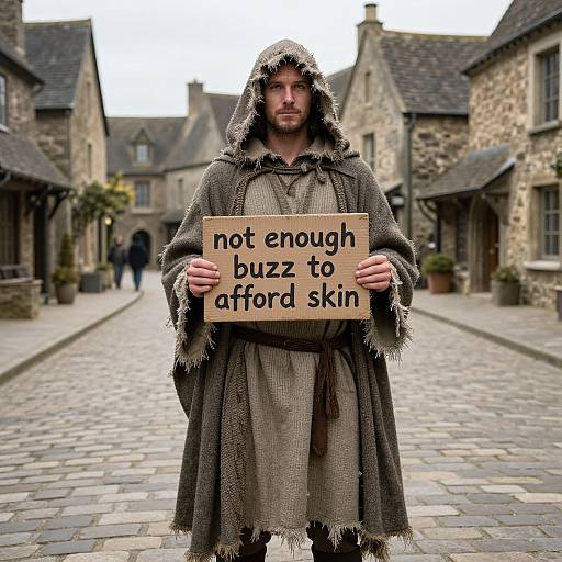 Photograph of a bearded man in medieval-style brown cloak and tunic, holding a sign reading 