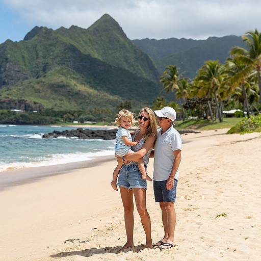 Photograph of a family on a sunny tropical beach; woman in sunglasses and denim shorts, man in white hat and shirt, holding blonde child in blue