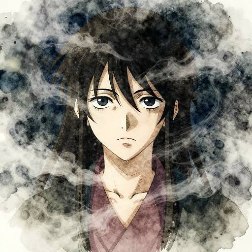 Digital anime-style portrait of a serious-looking young man with black hair, blue eyes, and a purple kimono, surrounded by swirling black and white smoke