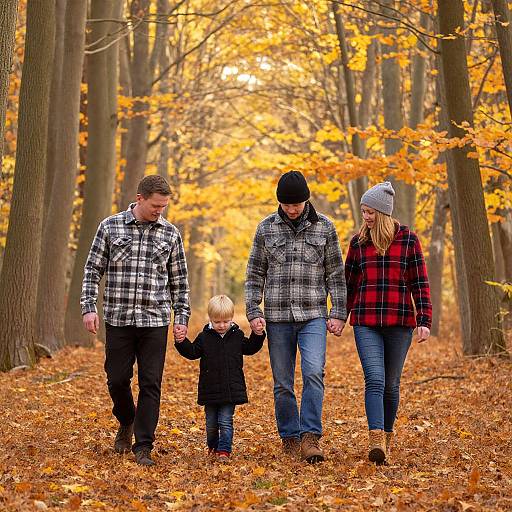 Photograph of a family of four walking through a golden autumn forest, holding hands, wearing plaid and winter clothes, with fallen leaves covering the path
