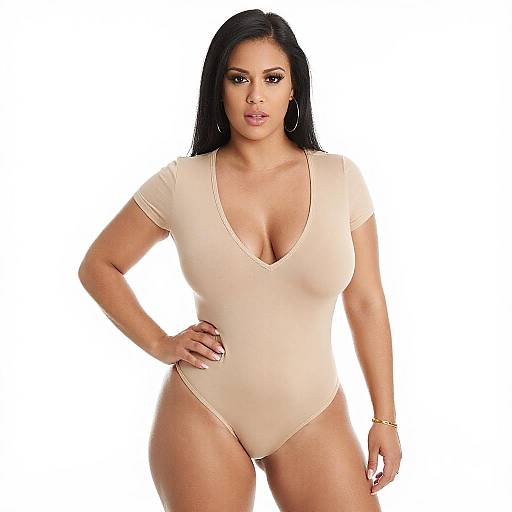 Confident Curvy Woman in Beige Bodysuit