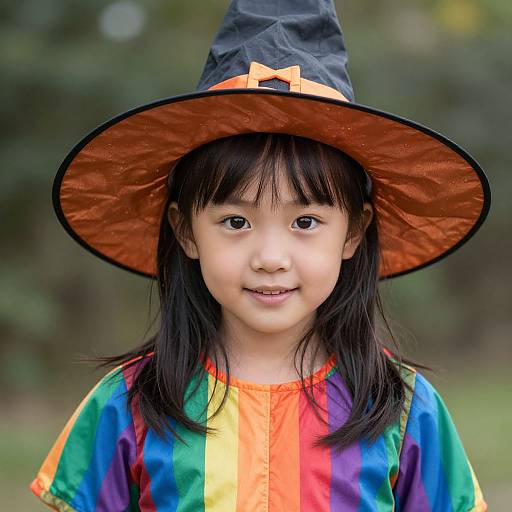 Photograph of an Asian girl with straight black hair, wearing a black witch hat with an orange ribbon, and a rainbow-colored shirt, smiling against a