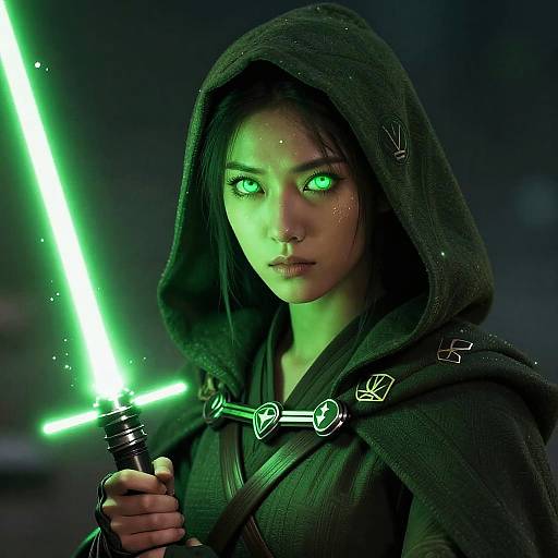 Digital artwork of a young woman with glowing green eyes and black hood, holding a green lightsaber, wearing a dark cloak with glowing symbols, set against